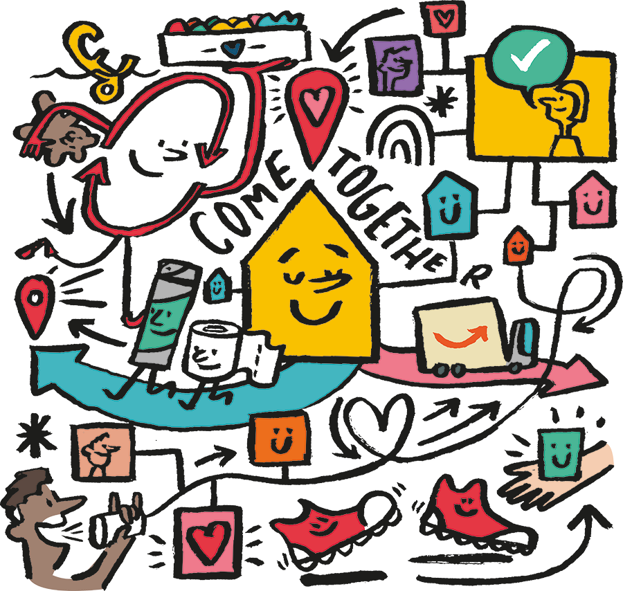 Colourful drawings of people and donated goods coming together